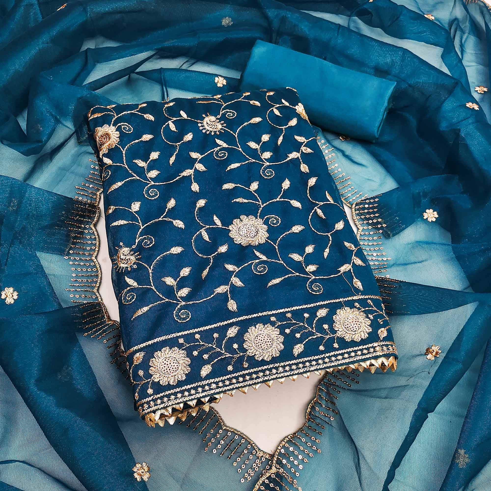 Teal Unstitched Suit Material with Fine Floral Embroidery on Sheer Twill Net