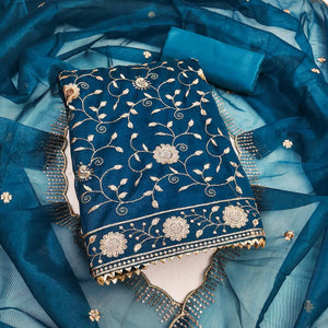 Teal Unstitched Suit Material with Fine Floral Embroidery on Sheer Twill Net