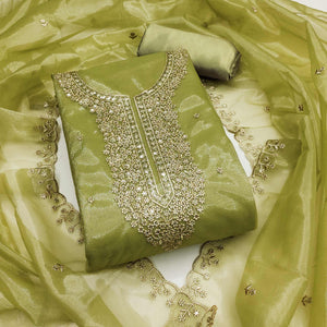 Green Designer Suit Material in Sheer Twill Net with Thread Embroidered Patterns