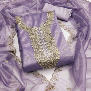 Lavender Designer Suit Material in Sheer Twill Net with Thread Embroidered Patterns