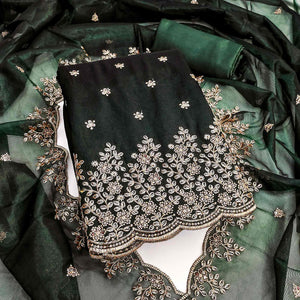 Bottle Green Ethnic Twill Net Dress Material Embellished with Ornate Thread Embroidery