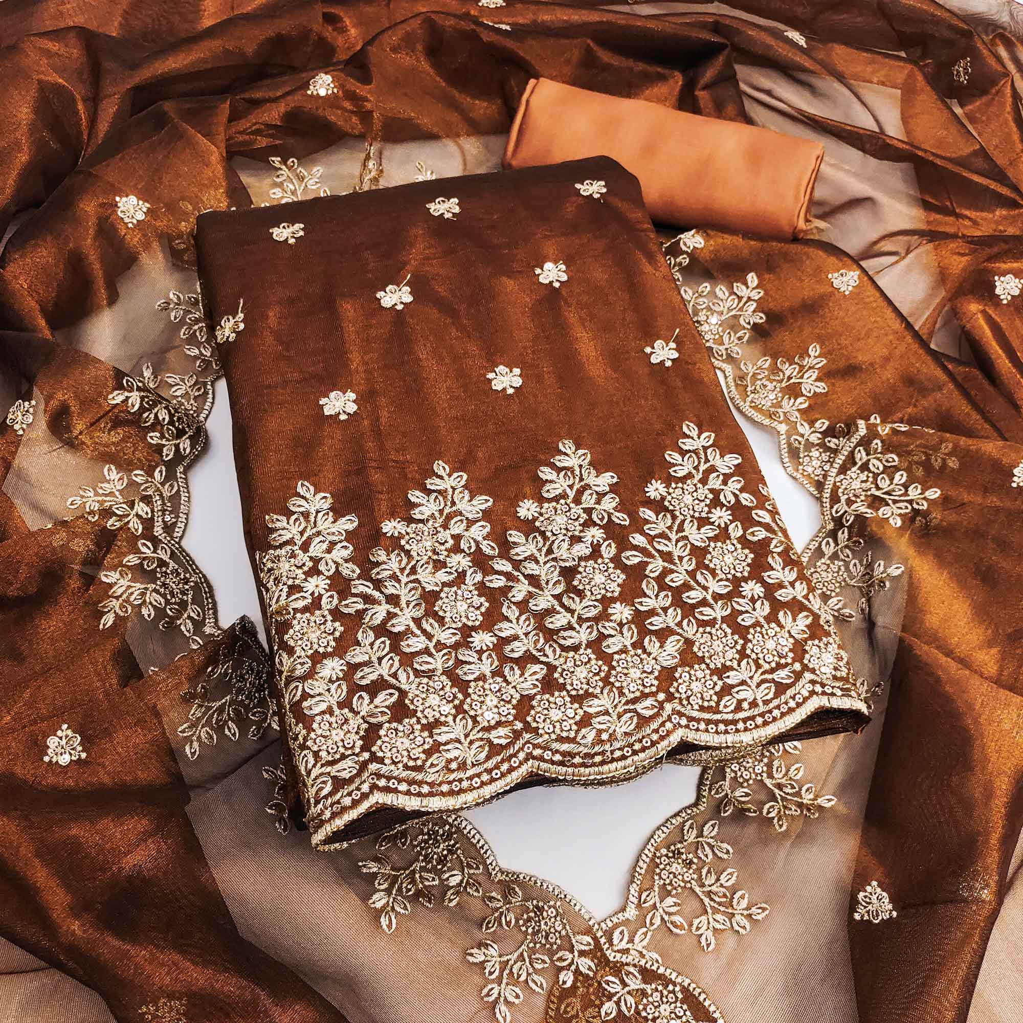 Brown Ethnic Twill Net Dress Material Embellished with Ornate Thread E Brown Ethnic Twill Net Dress Material Embellished with Ornate Thread E