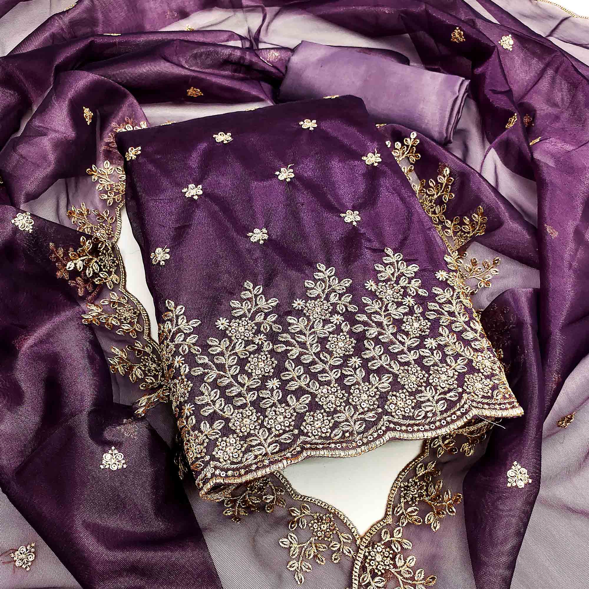 Deep Purple Ethnic Twill Net Dress Material Embellished with Ornate Thread Embroidery