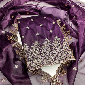 Deep Purple Ethnic Twill Net Dress Material Embellished with Ornate Thread Embroidery