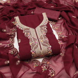 Maroon Georgette Dress Material Adorned With Floral Embroidery & Elegant Lace Border