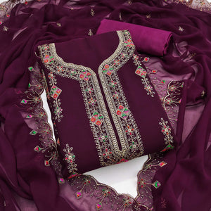 Wine Georgette Dress Material Enhanced With Graceful Floral Embroidery For An Elegant Ethnic Look