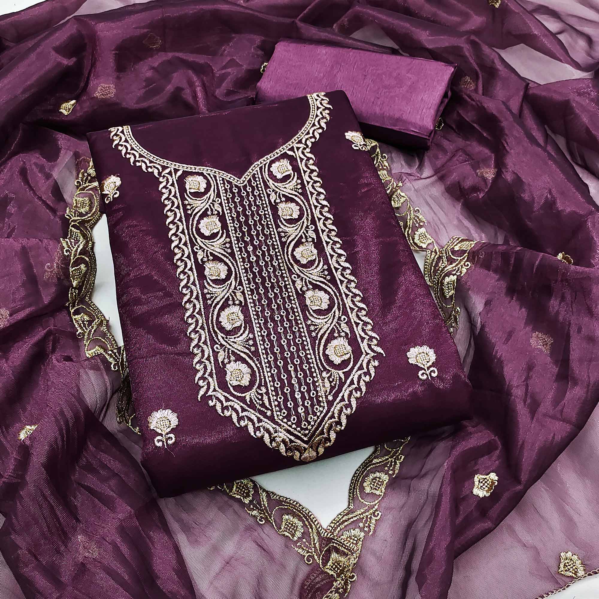 Wine Delight Floral  Embroidered Twill Net Dress Material