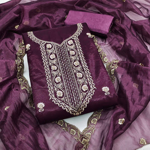 Wine Delight Floral  Embroidered Twill Net Dress Material