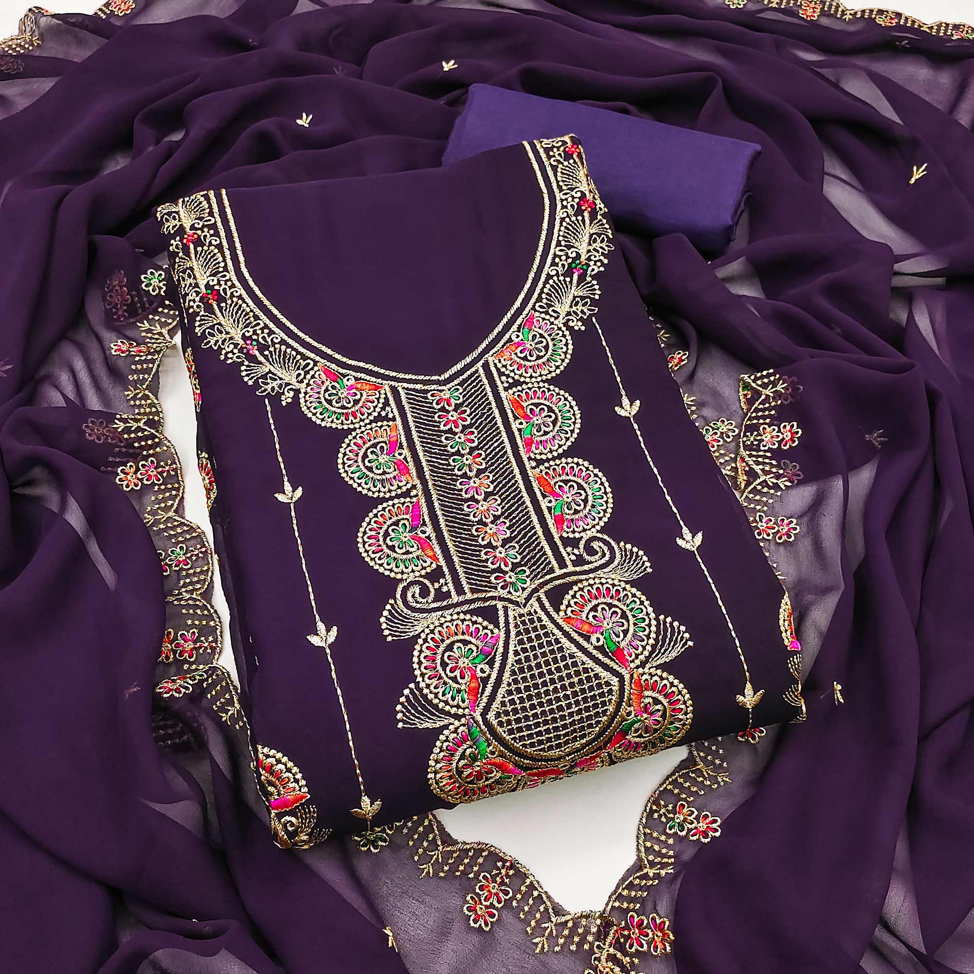 Deep Purple Floral Embroidered Unstitched Suit Fabric in Flowing Georgette