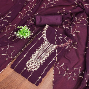Wine Georgette Unstitched Dress Material Adorned with Ornate Thread Embroidery
