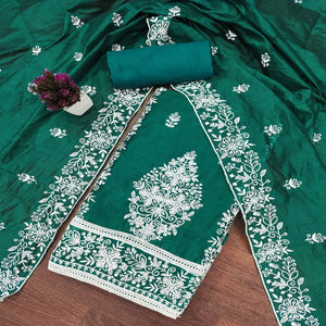 Green Chanderi Cotton Dress Material With Graceful Floral Thread Embroidery