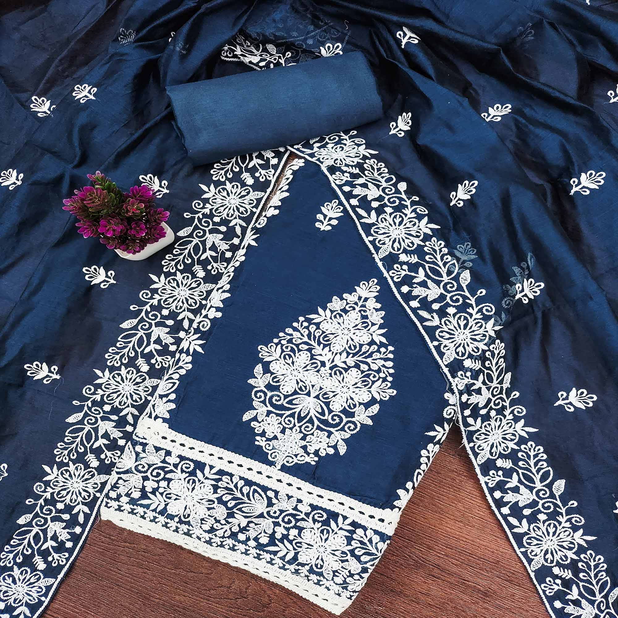 Navy Blue Chanderi Cotton Dress Material With Graceful Floral Thread Embroidery