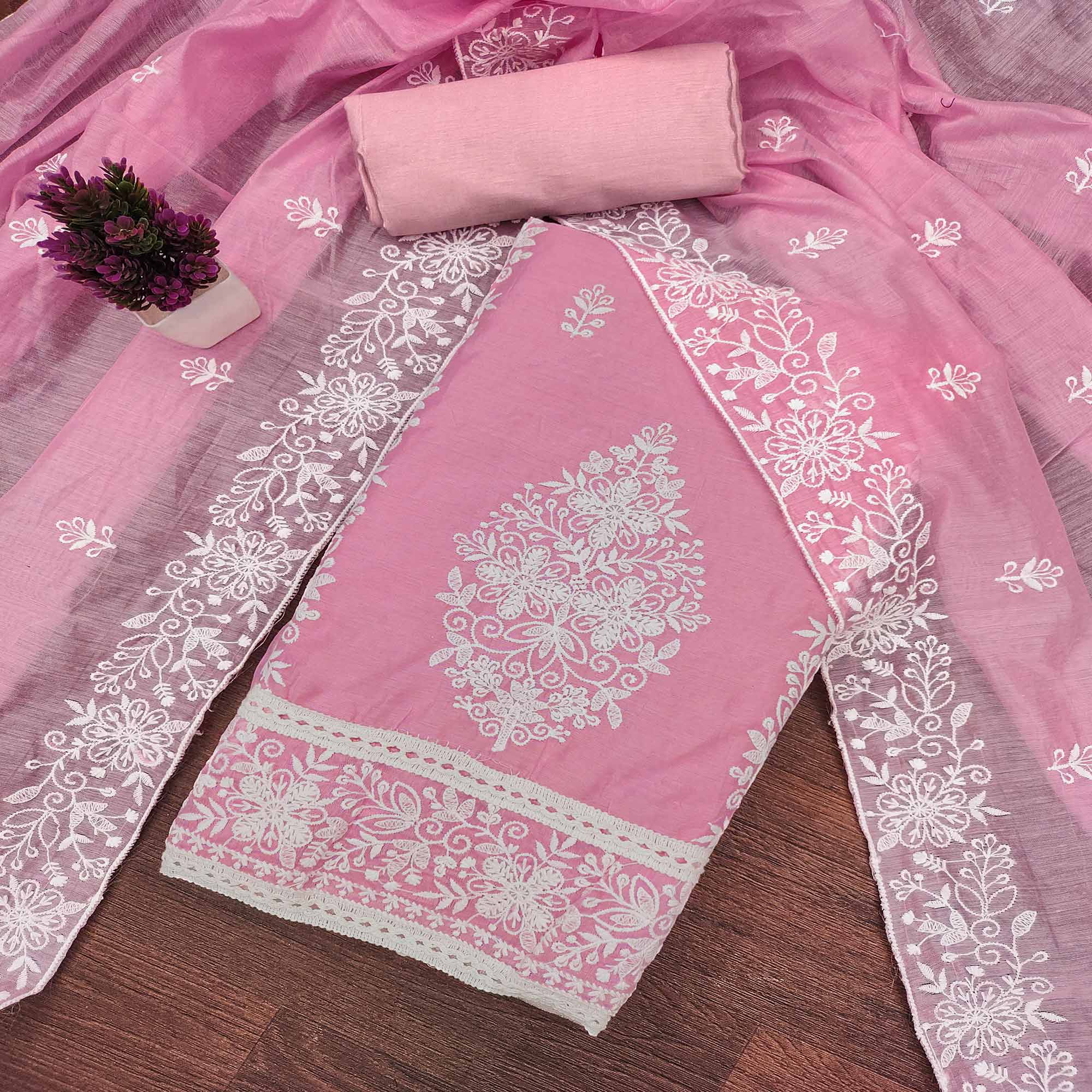 Pink Chanderi Cotton Dress Material With Graceful Floral Thread Embroidery