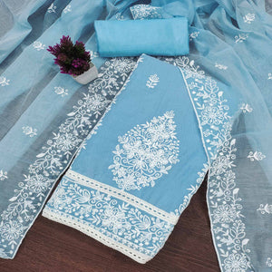 Sky Blue Chanderi Cotton Dress Material With Graceful Floral Thread Embroidery