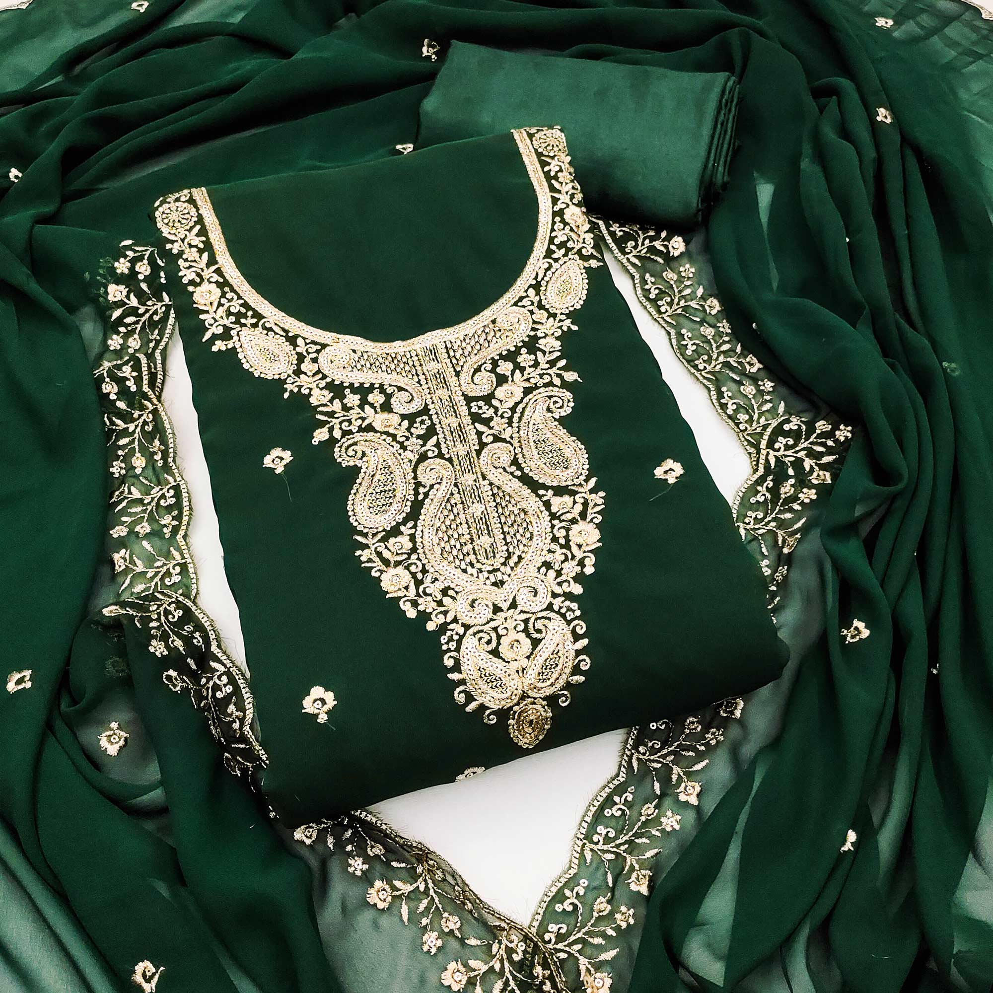 Green Georgette Dress Material Accentuated With Delicate Floral Embroidery & Sequins Work