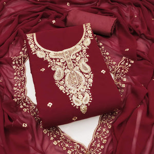 Maroon Georgette Dress Material Accentuated With Delicate Floral Embroidery & Sequins Work