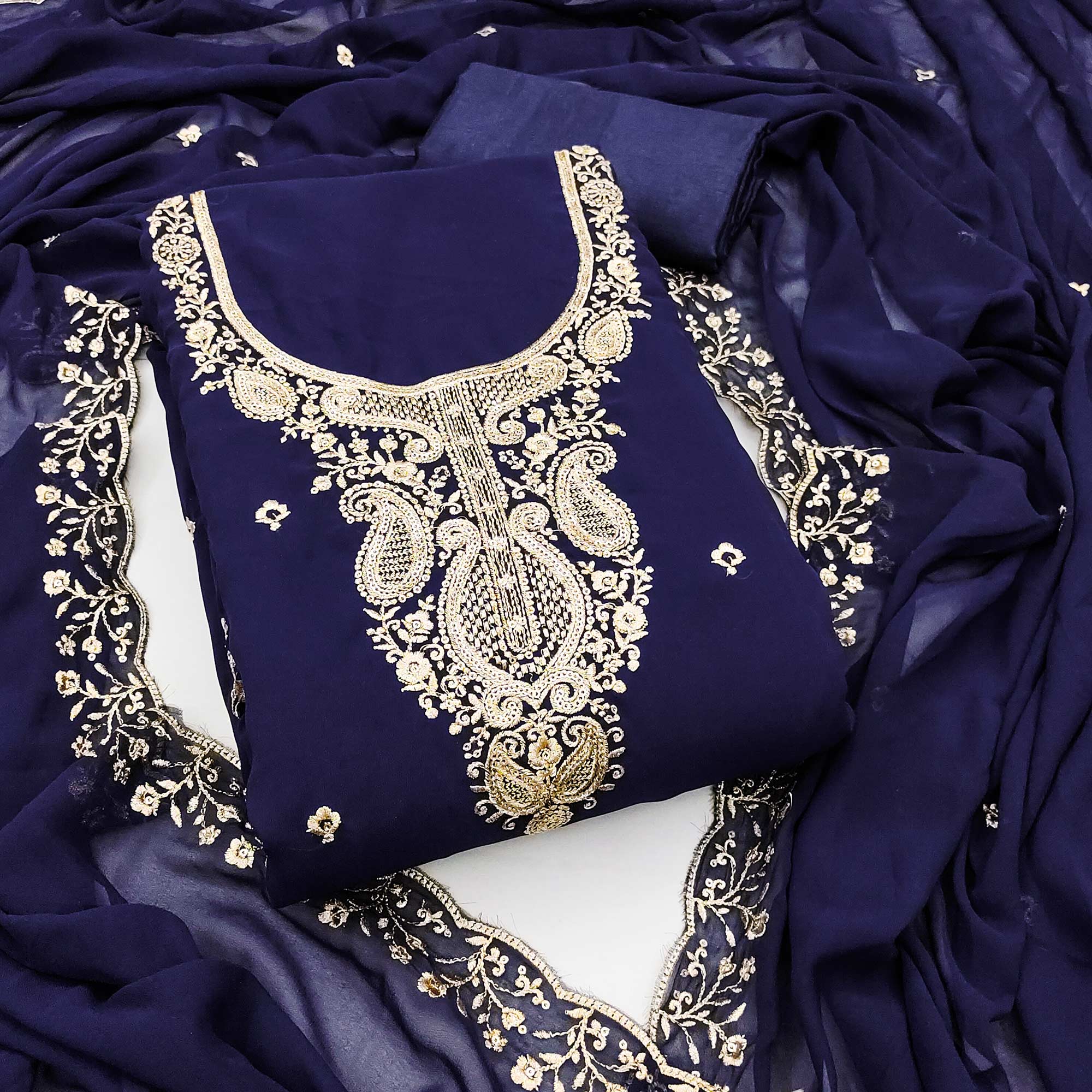 Navy Blue Georgette Dress Material Accentuated With Delicate Floral Embroidery & Sequins Work