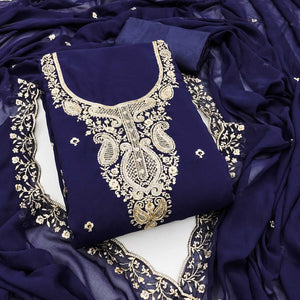 Navy Blue Georgette Dress Material Accentuated With Delicate Floral Embroidery & Sequins Work