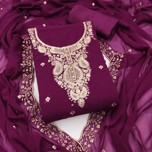 Wine Georgette Dress Material Accentuated With Delicate Floral Embroidery & Sequins Work