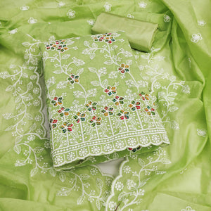 Light Green Chanderi Cotton Dress Material Adorned With Elegant Floral Thread Embroidery Work
