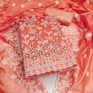 Orange Chanderi Cotton Dress Material Adorned With Elegant Floral Thread Embroidery Work