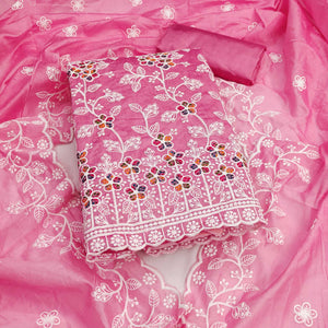 Pink Chanderi Cotton Dress Material Adorned With Elegant Floral Thread Embroidery Work