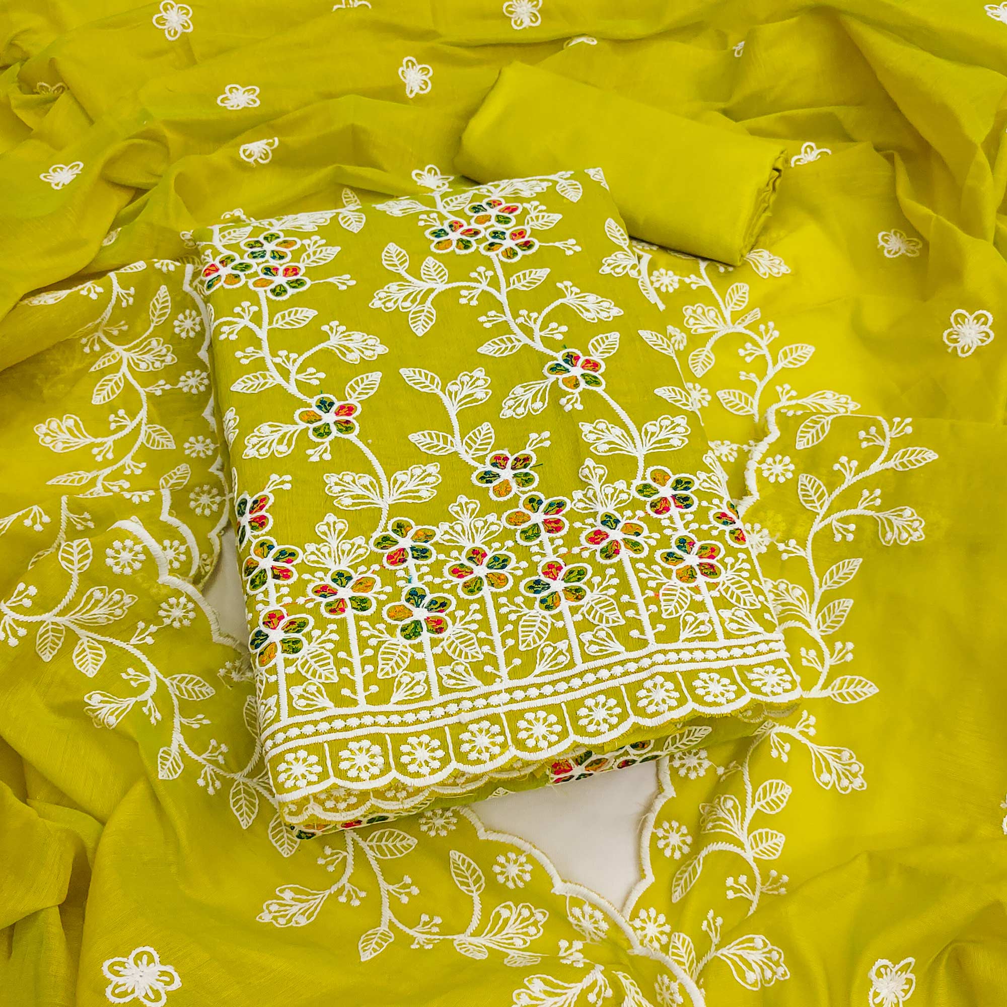 Parrot Green Chanderi Cotton Dress Material Adorned With Elegant Floral Thread Embroidery Work