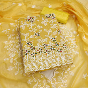Yellow Chanderi Cotton Dress Material Adorned With Elegant Floral Thread Embroidery Work