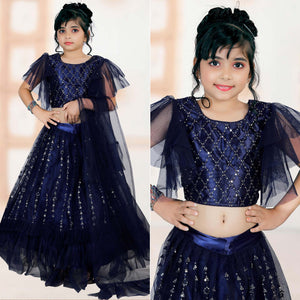 Navy Blue Embroidered Net Lehenga Choli For Kids