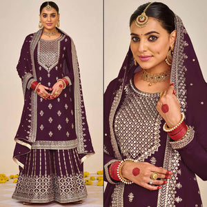 Wine Floral Embroidered Georgette Semi Stitched Dress Material