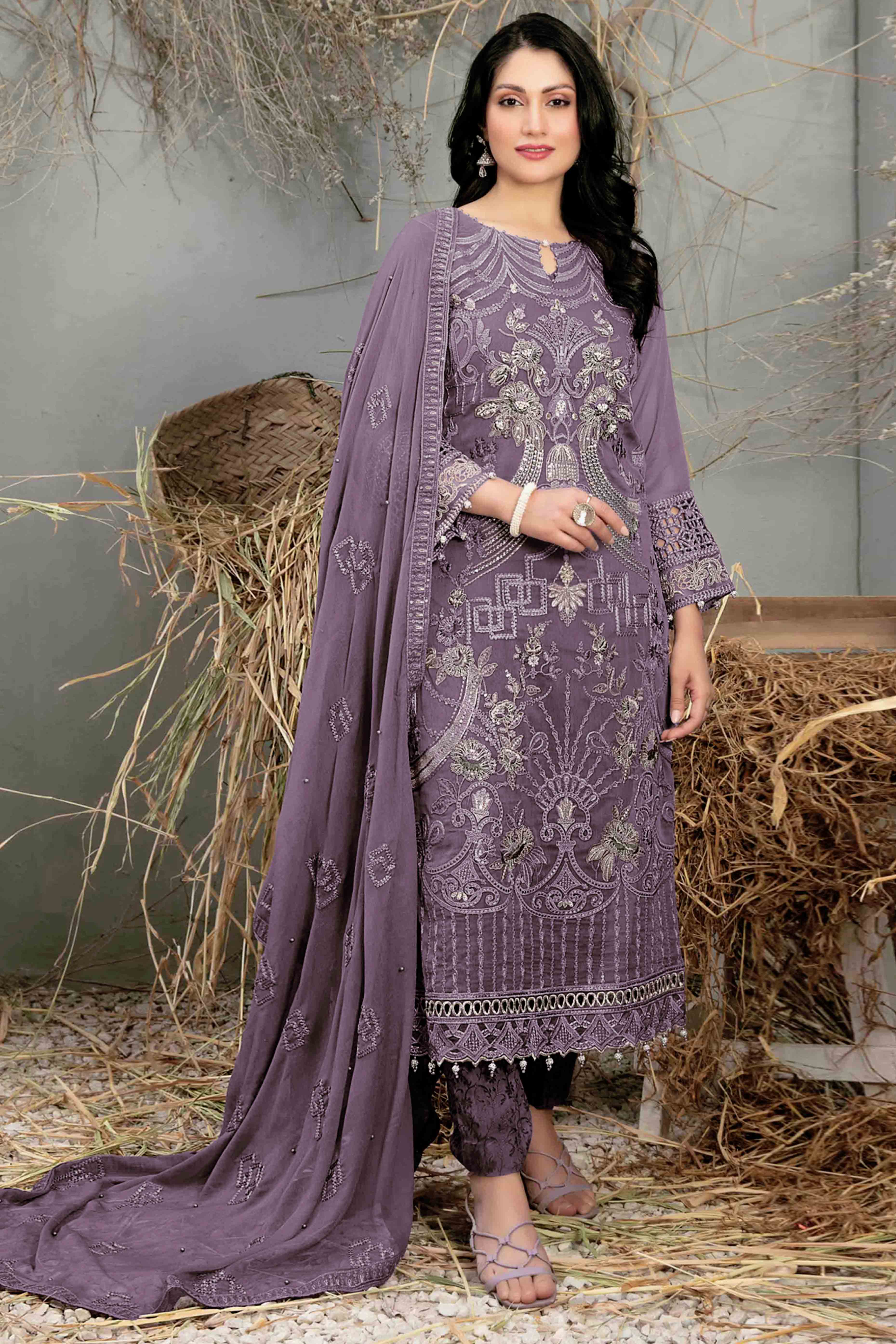 Dusty Purple Floral Embroidered Heavy Georgette Dress Material