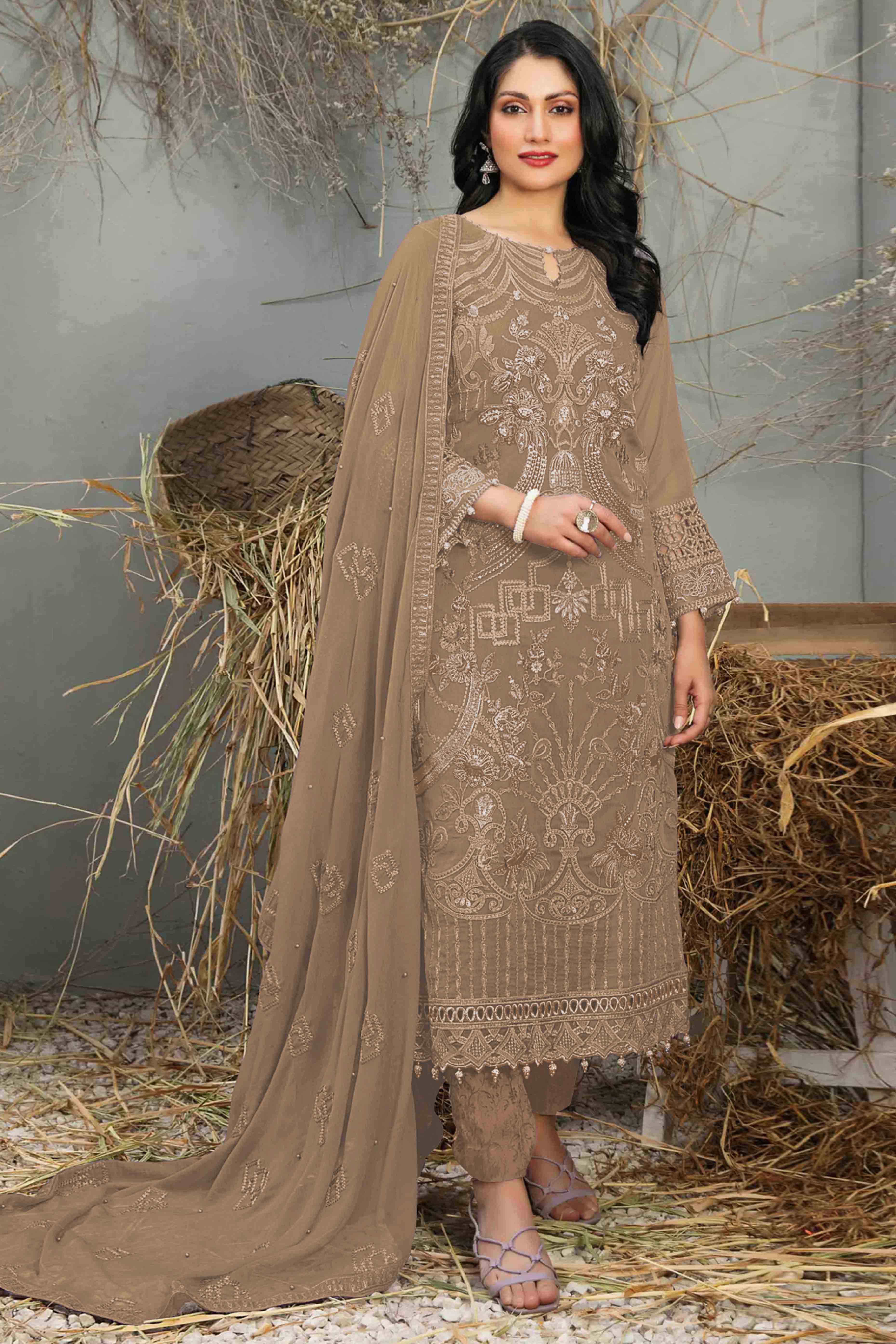 Brown Floral Embroidered Heavy Georgette Dress Material