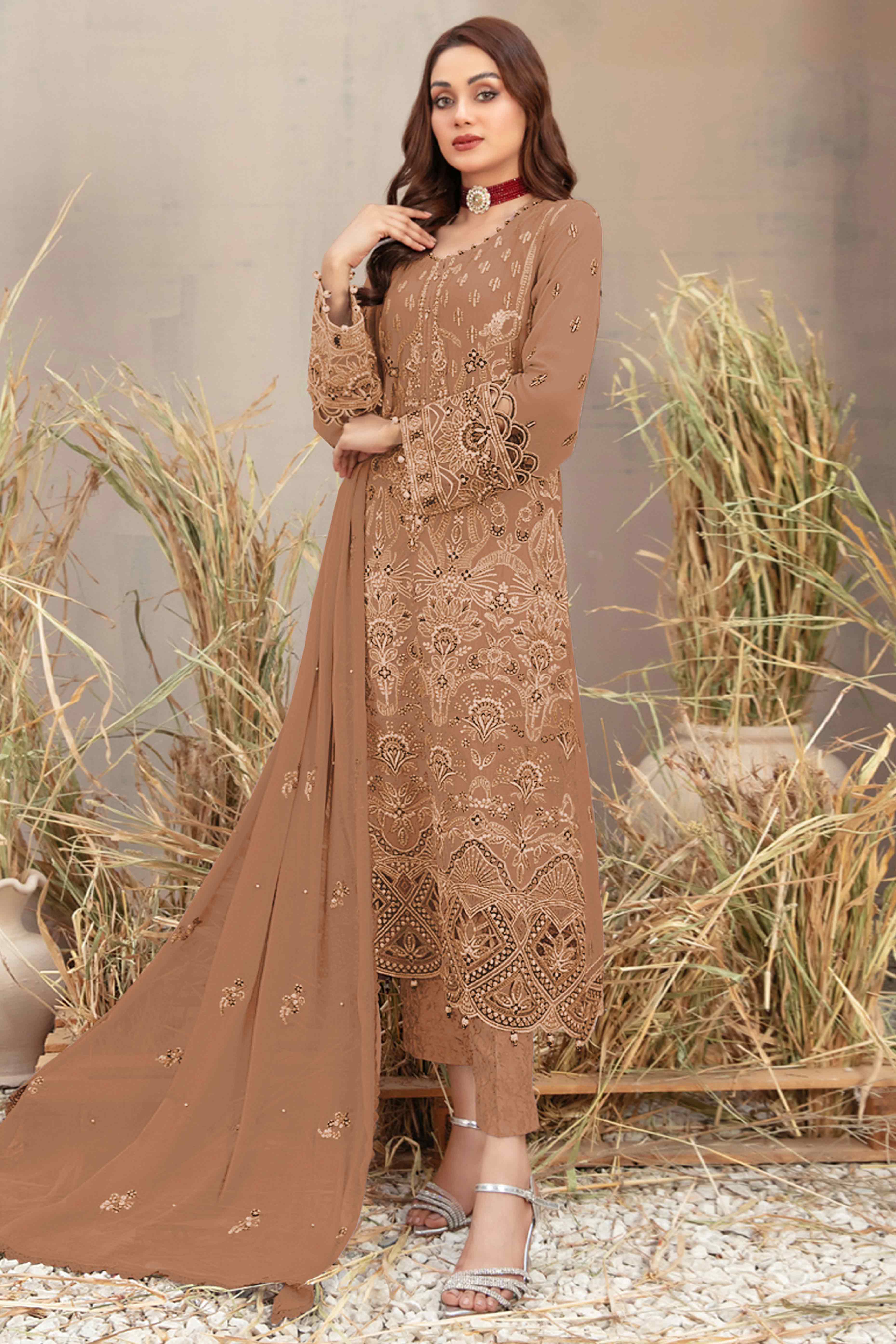 Chikoo Floral Embroidered Heavy Georgette Dress Material Chikoo Floral Embroidered Heavy Georgette Dress Material