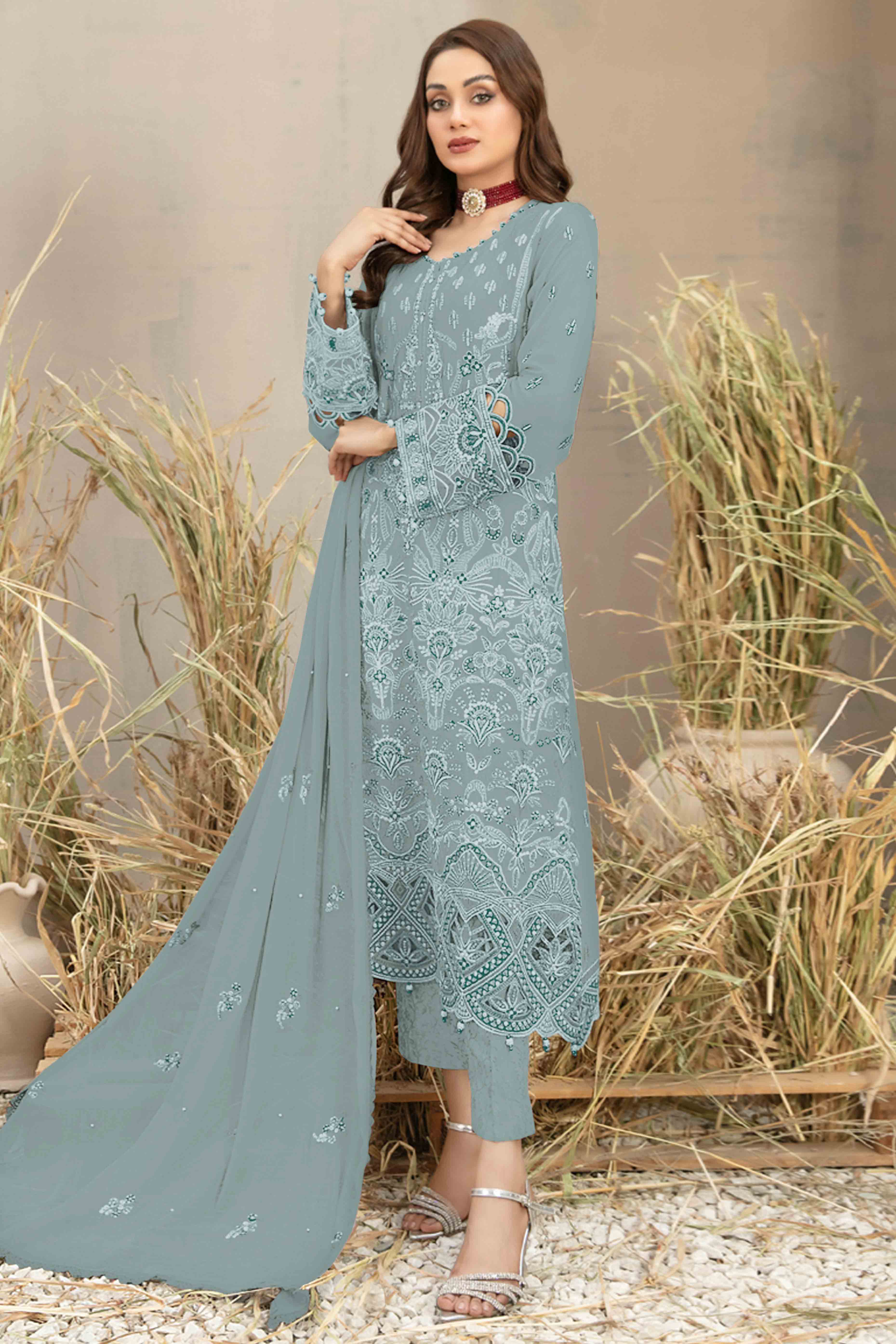 Sky Blue Floral Embroidered Heavy Georgette Dress Material