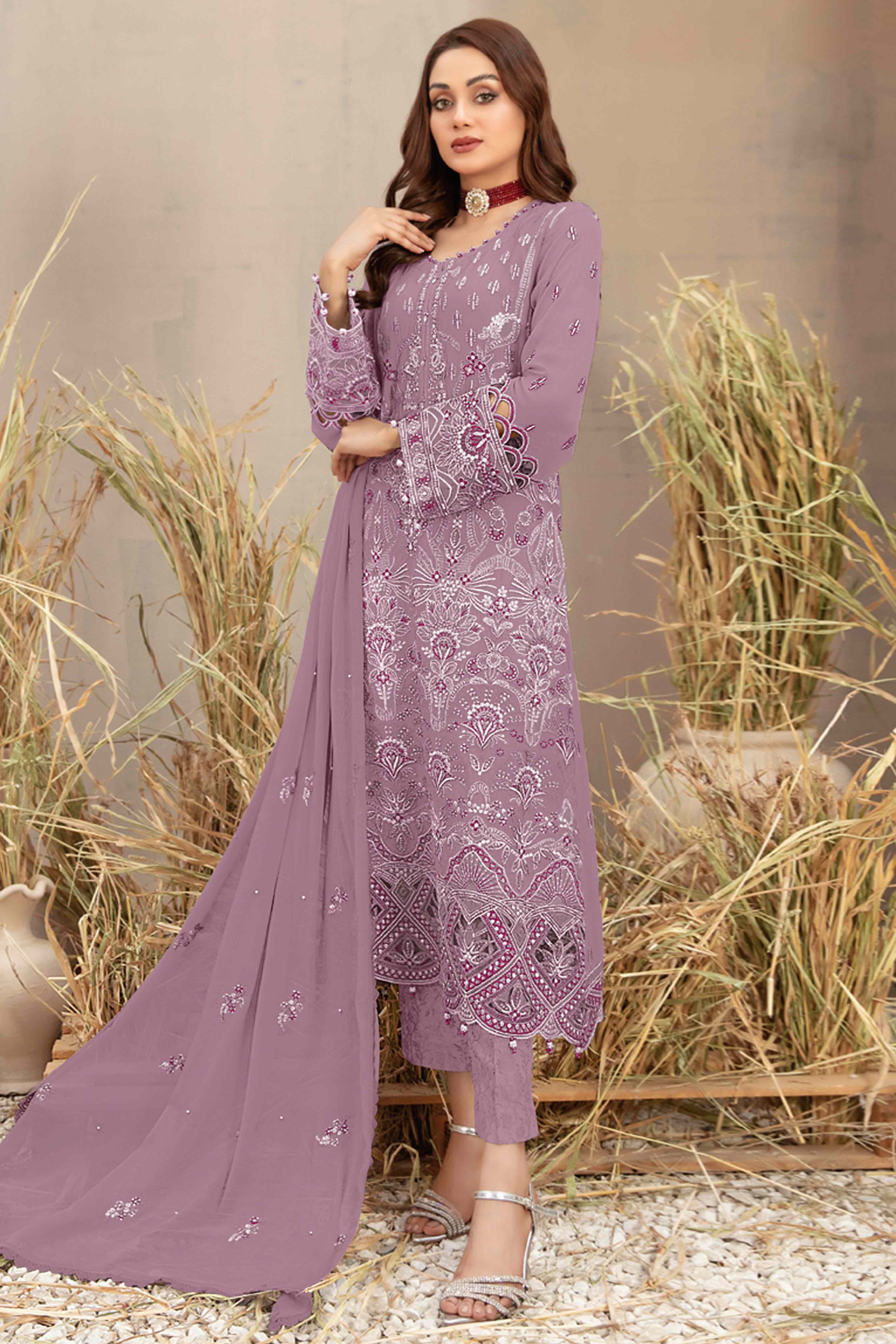 Purple Floral Embroidered Heavy Georgette Dress Material