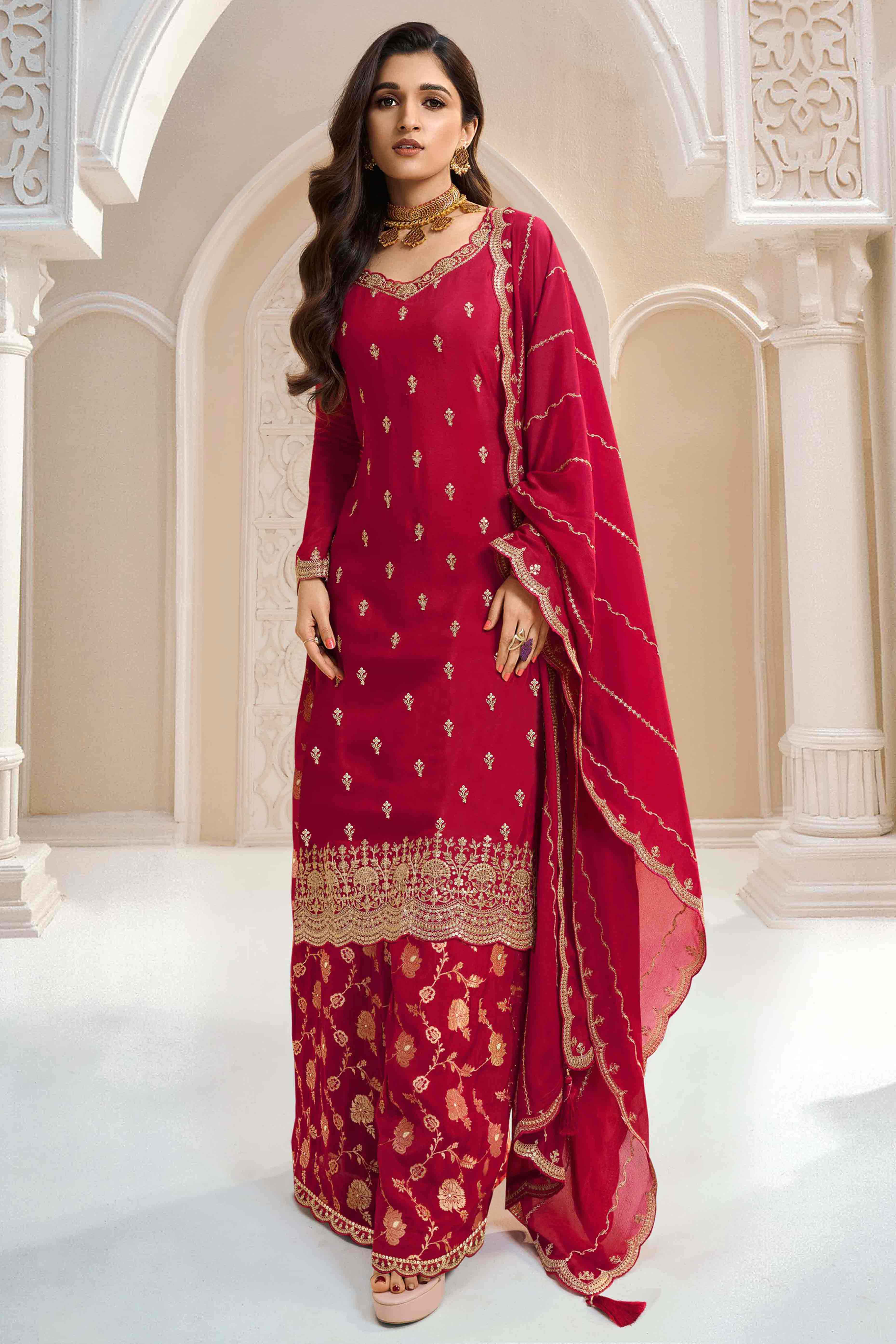 Red Floral Sequins Embroidered Chinon Palazzo Suit