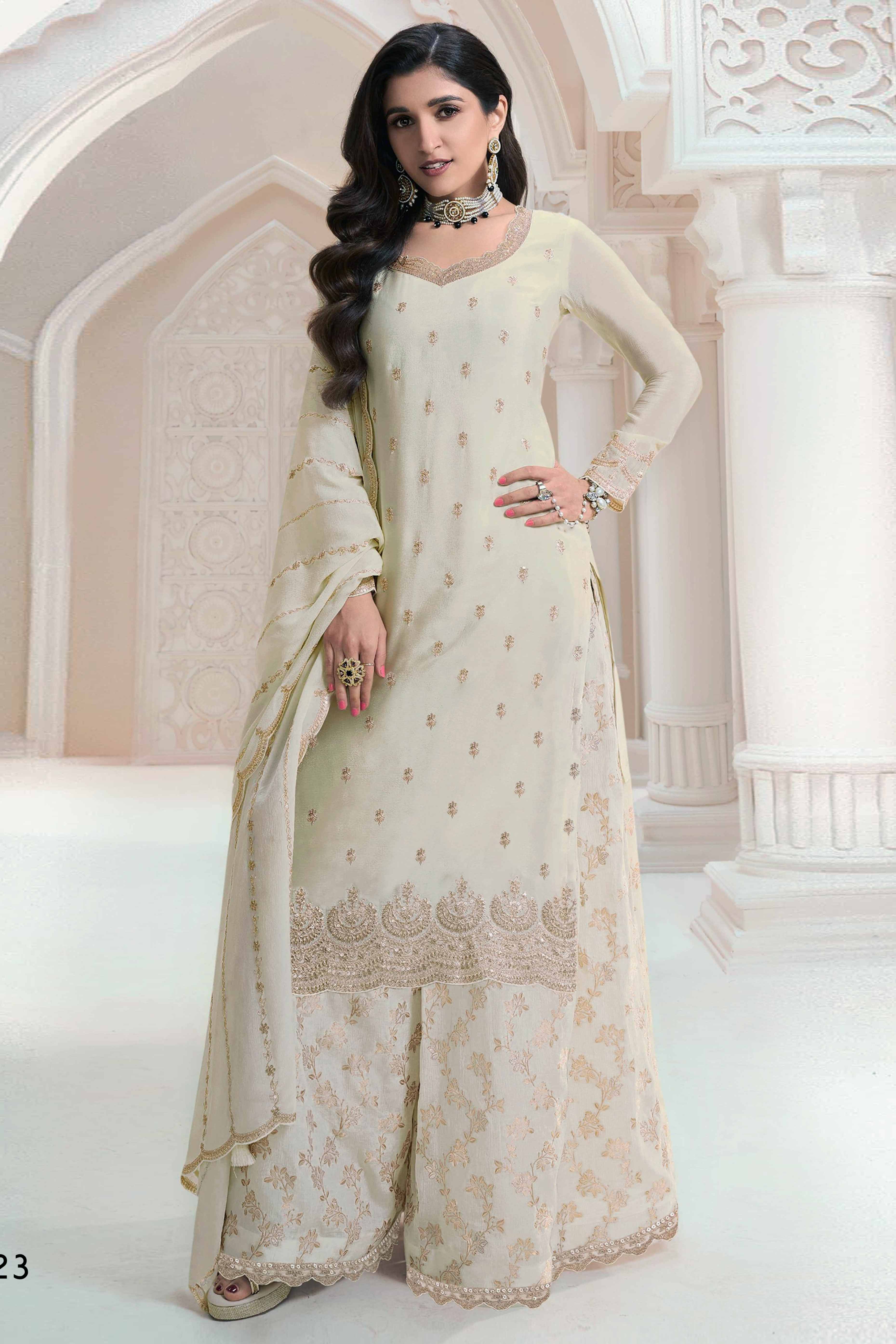Offwhite Floral Sequins Embroidered Chinon Palazzo Suit