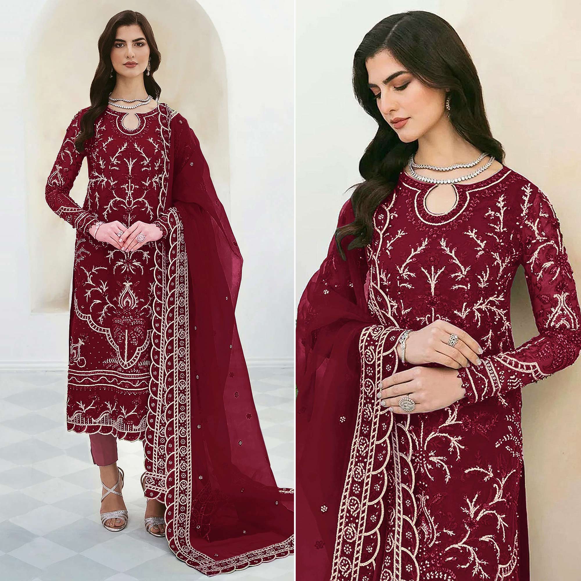 Maroon Sequins Embroidered Georgette Pakistani Suit