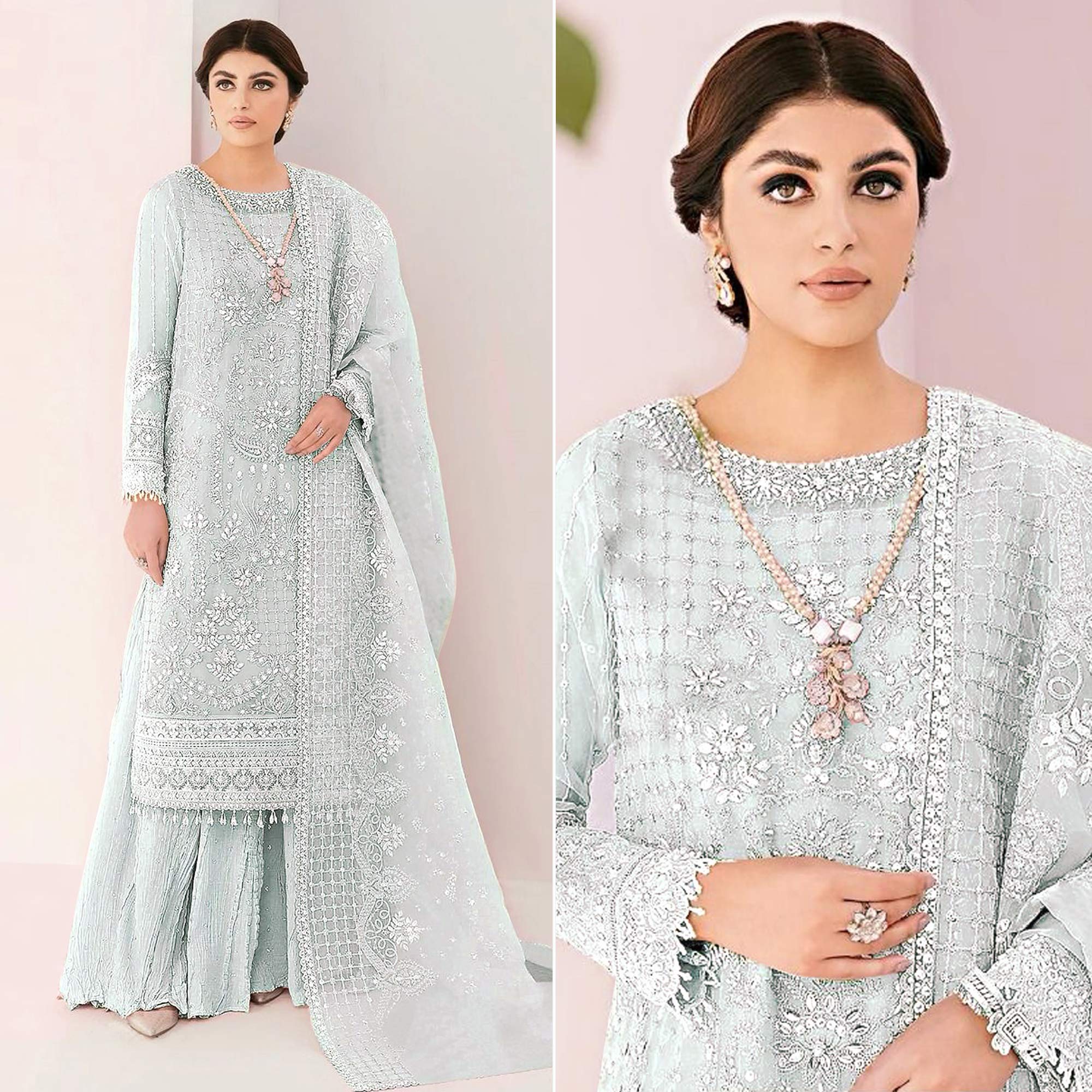 Sky Blue Sequins Embroidered Georgette Sharara Suit
