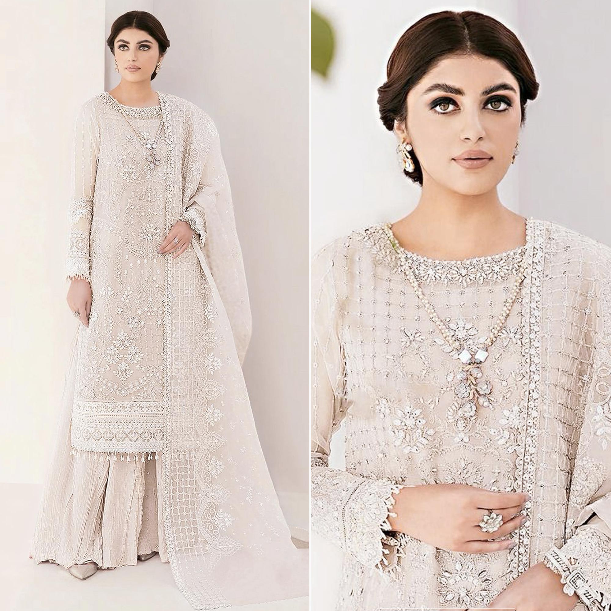 Cream Sequins Embroidered Georgette Sharara Suit