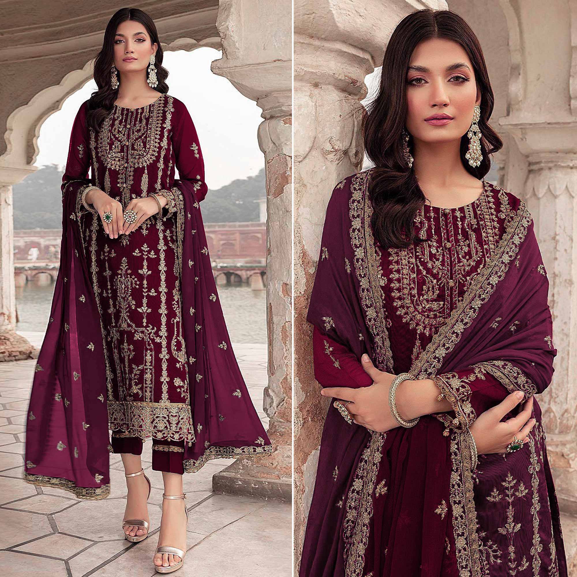 Maroon Floral Sequins Embroidered Georgette Semi Stitched Suit