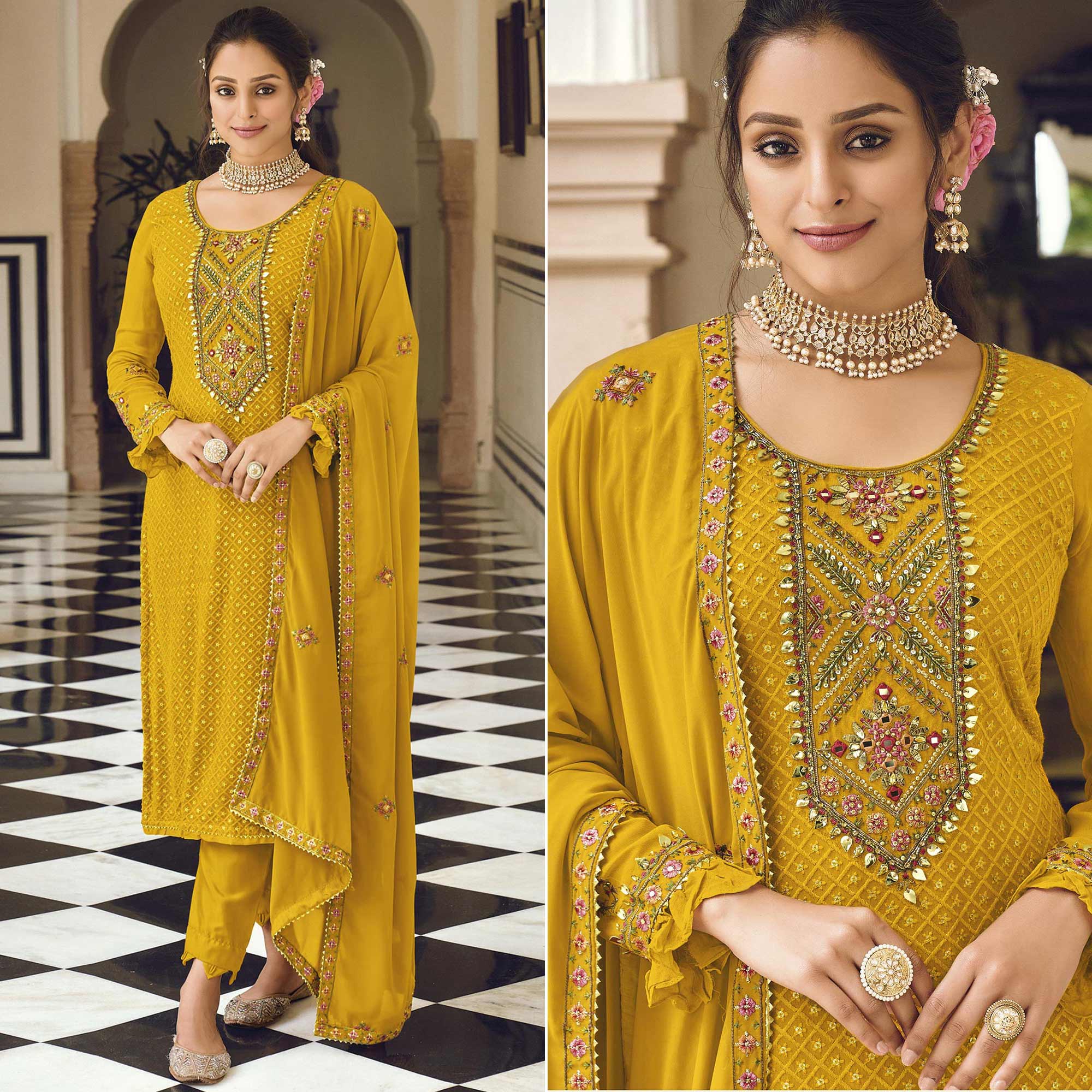 Mustard Sequins Embroidered Georgette Semi Stitched Salwar Suit