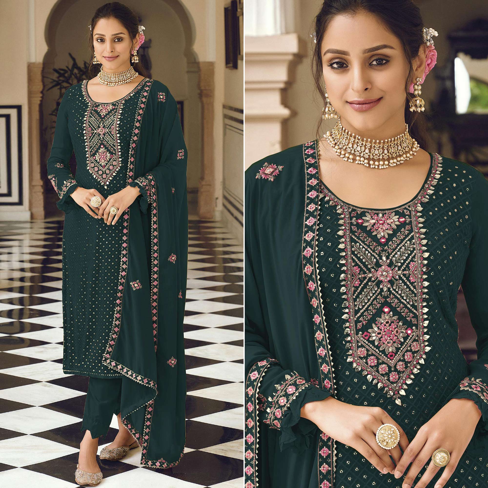 Dark Green Sequins Embroidered Georgette Semi Stitched Salwar Suit