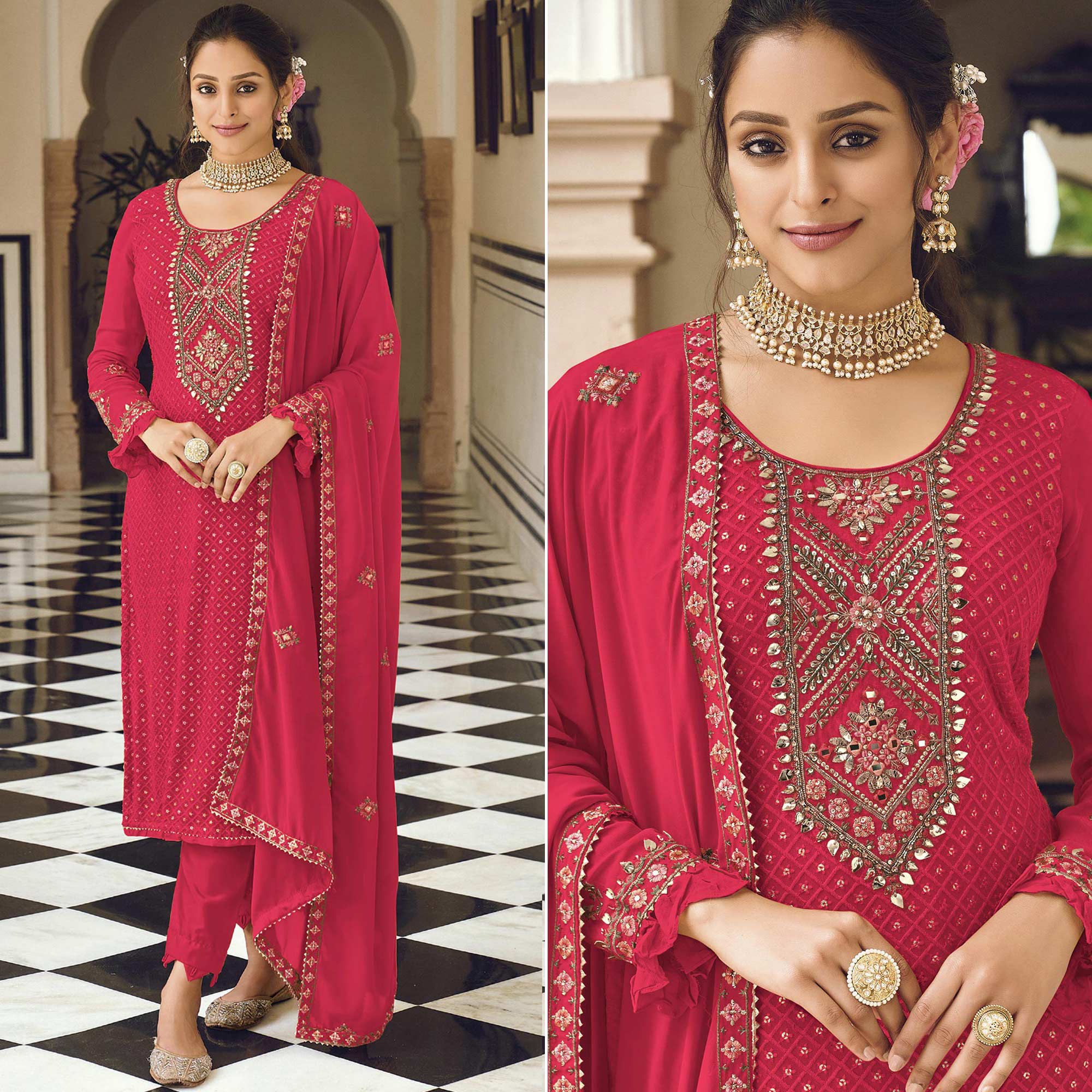 Pink Sequins Embroidered Georgette Semi Stitched Salwar Suit