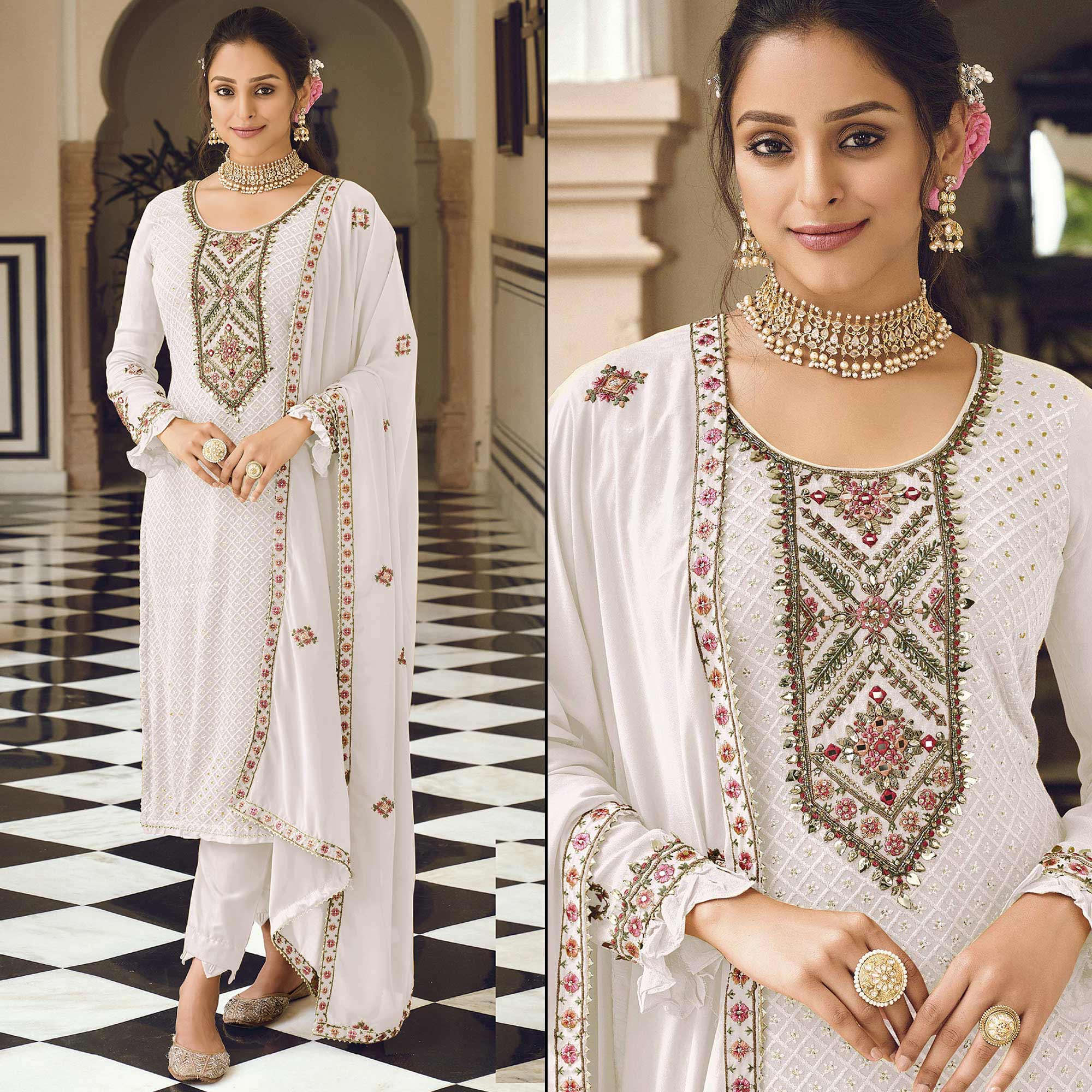 White Sequins Embroidered Georgette Semi Stitched Salwar Suit