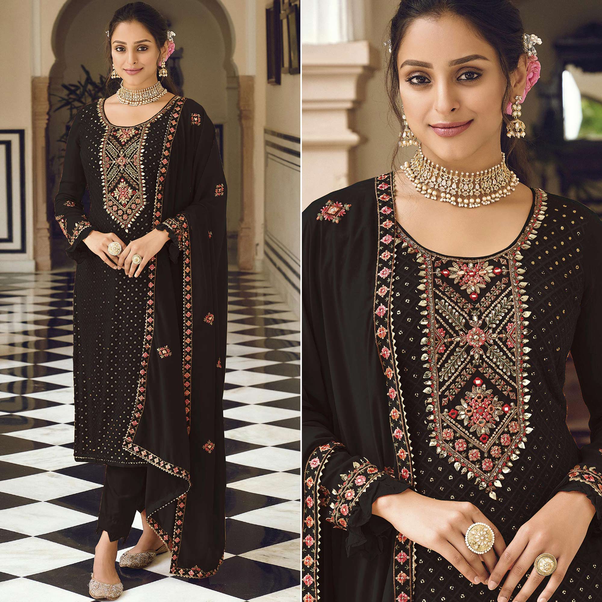 Black Sequins Embroidered Georgette Semi Stitched Salwar Suit