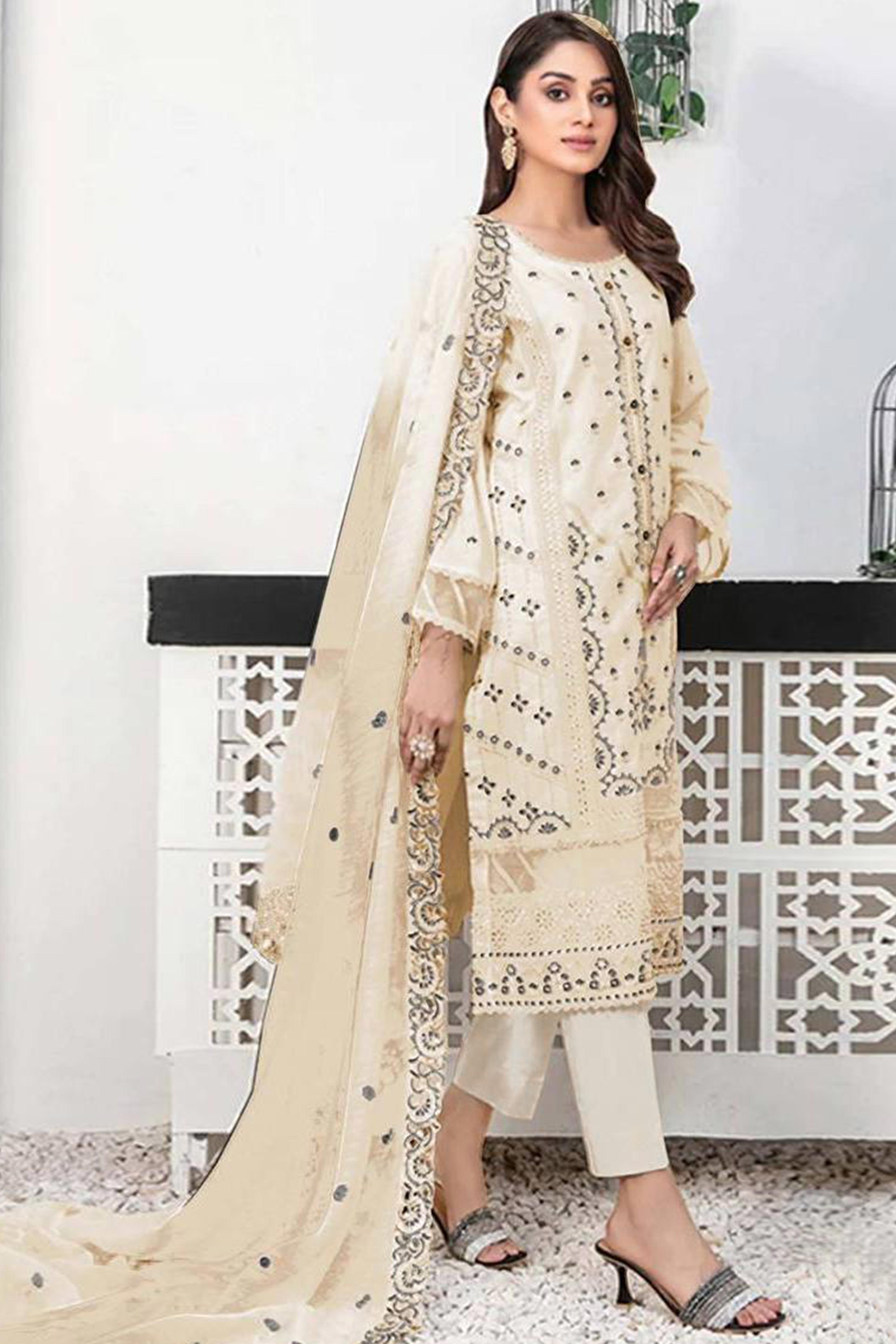 Cream Heavy Embroidered Work Georgette Dress Material