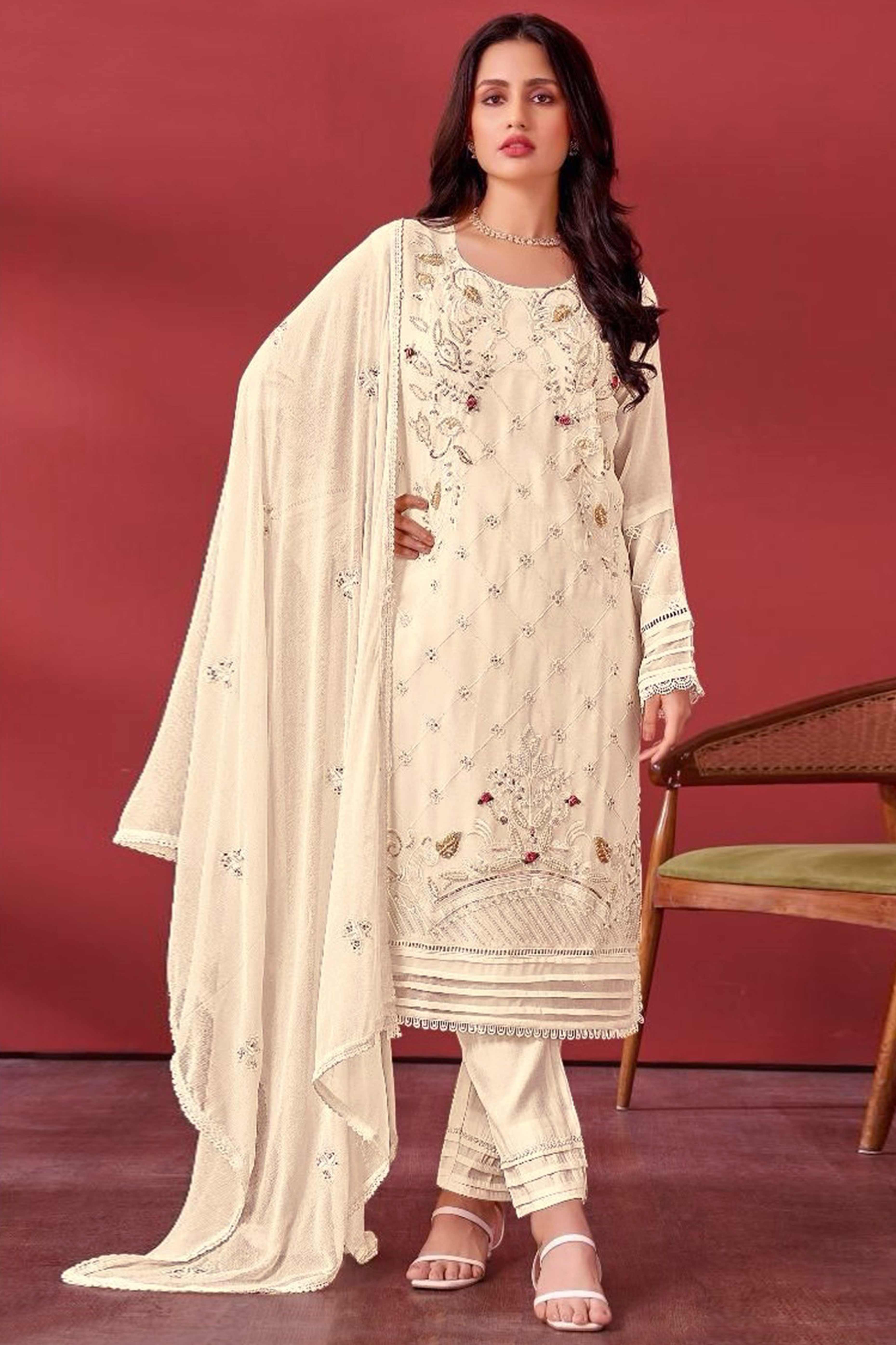 Cream Heavy Embroidered Work Georgette Dress Material