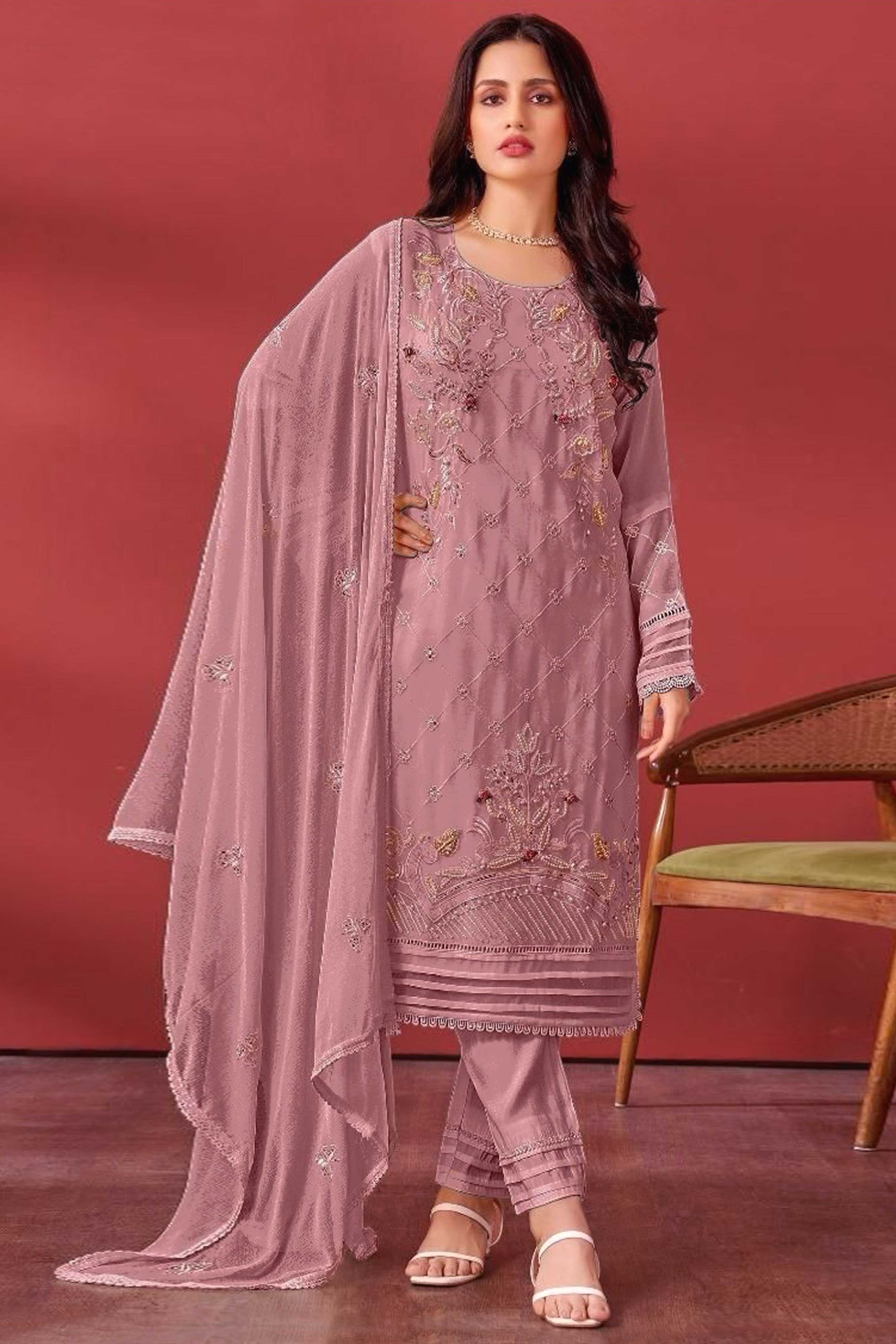 Mauve Heavy Embroidered Work Georgette Dress Material