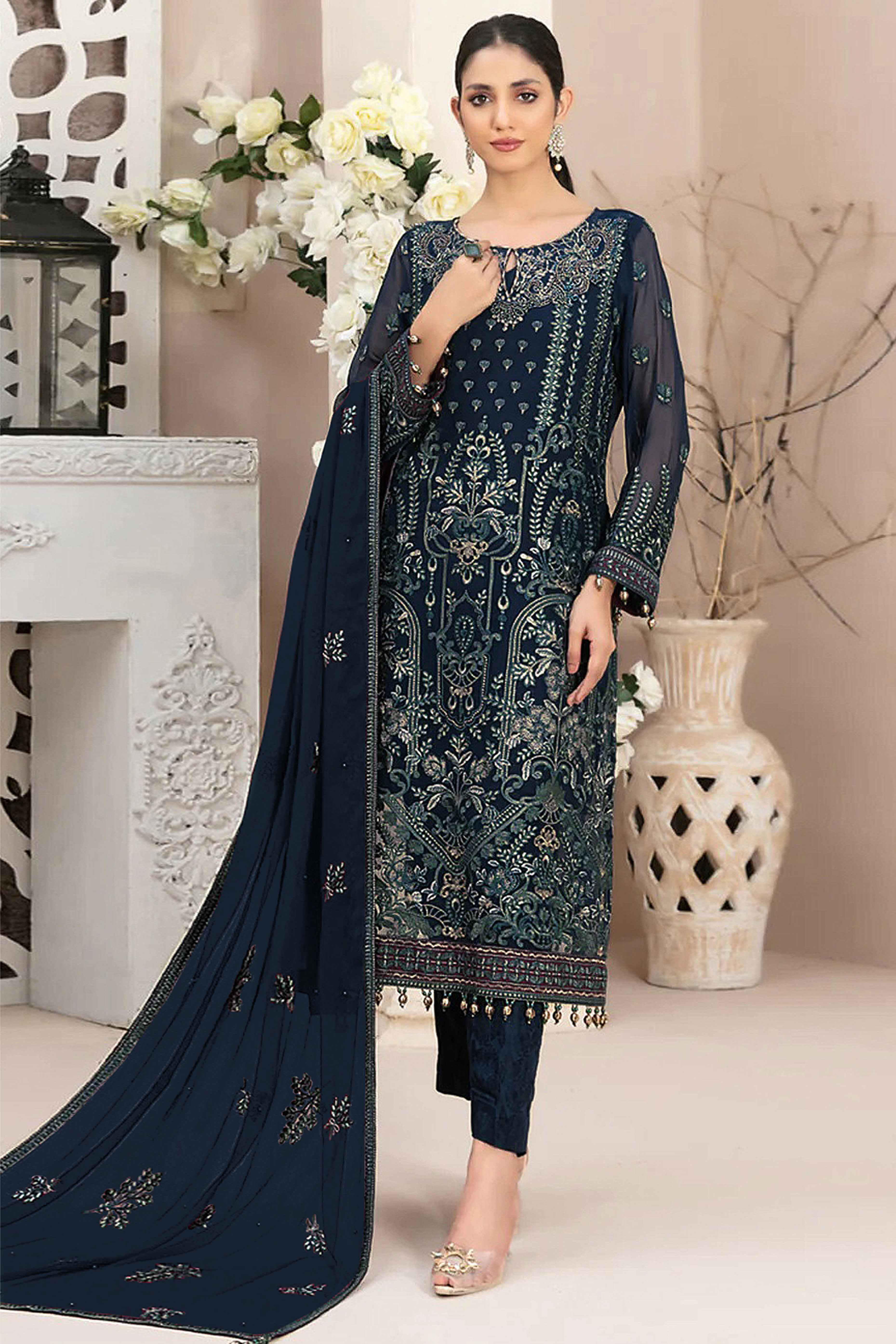 Dark Teal Floral Embroidered Georgette Dress Material